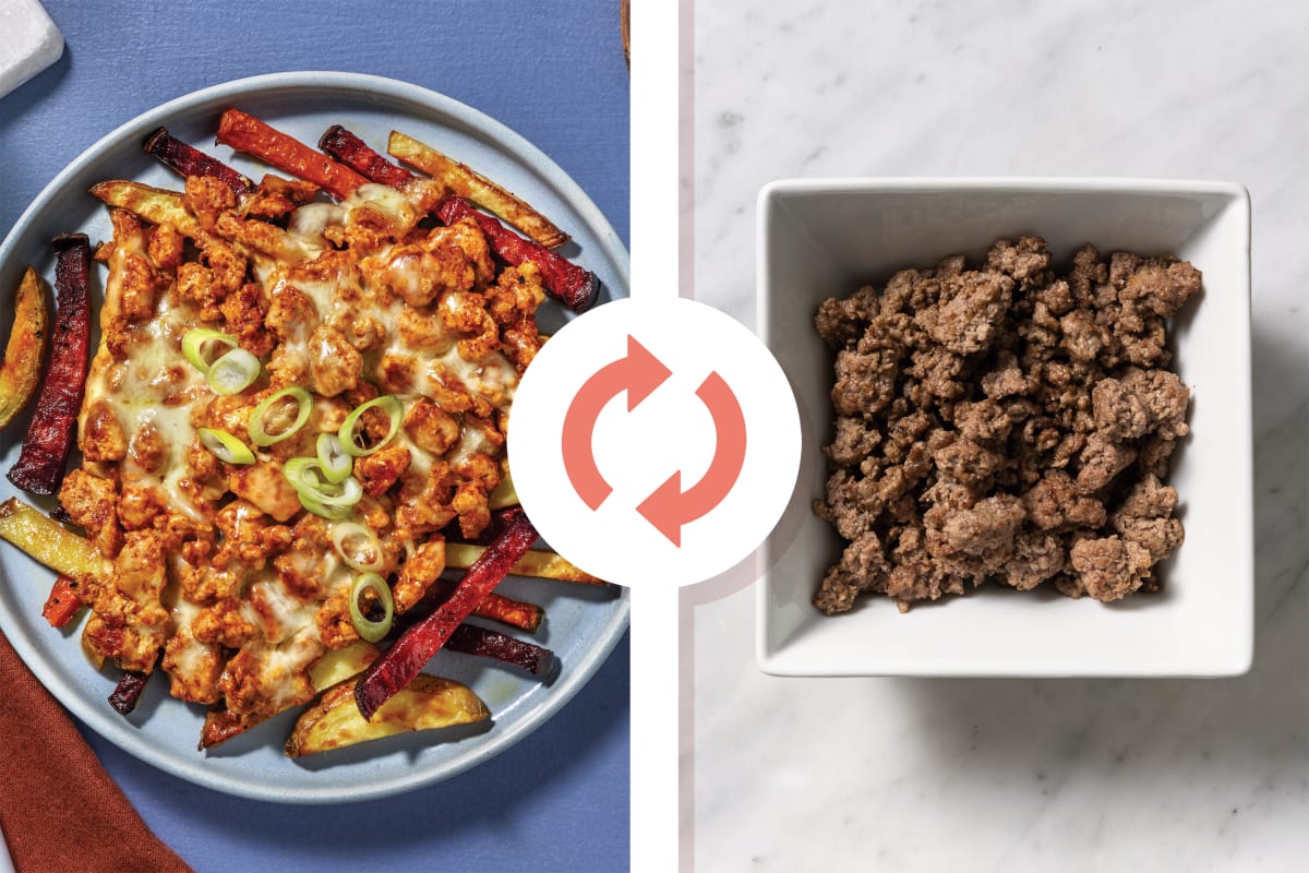 BBQ Sriracha Beef & Rainbow Veggie Fries