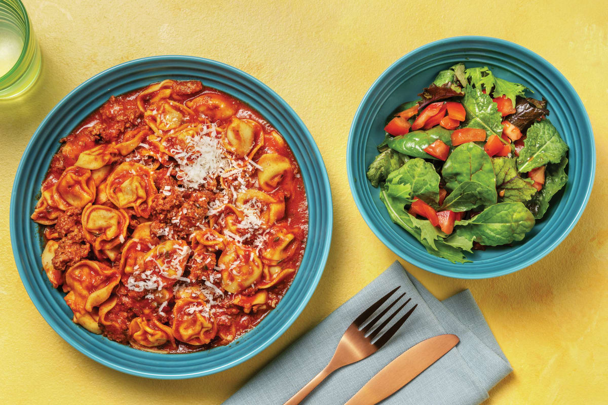 Beef Bolognese & Spinach-Ricotta Tortellini with Salad