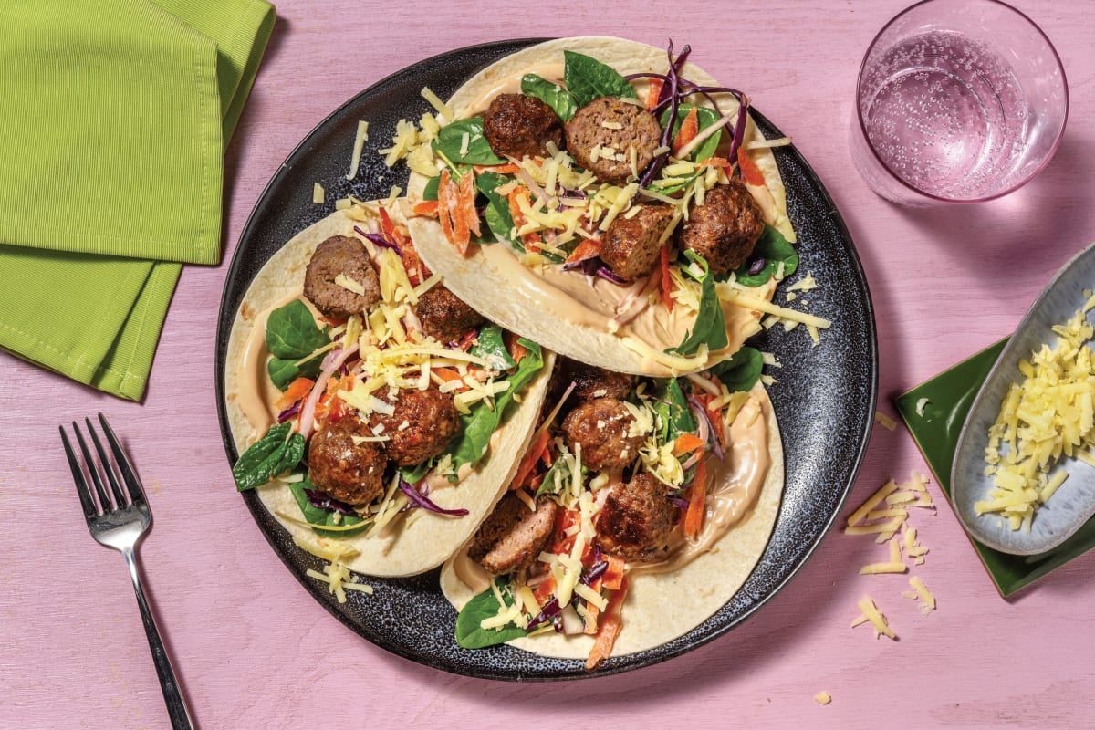 American-Spiced Beef & Cheddar Meatball Tacos