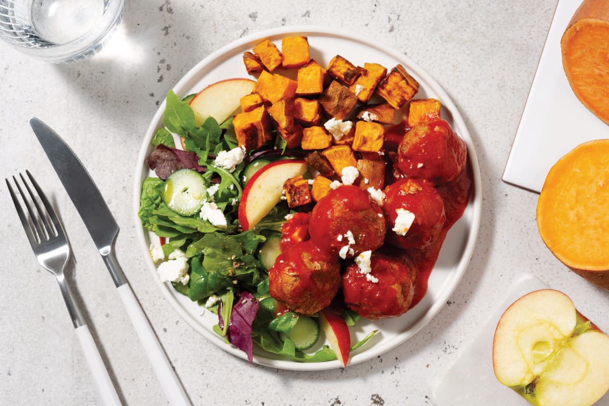 Mediterranean Pork Meatballs & Sweet Potato Bites