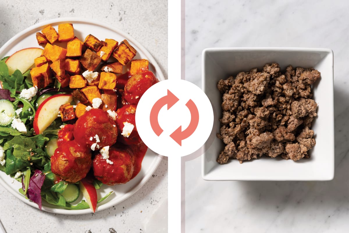 Mediterranean Beef Meatballs & Sweet Potato Bites