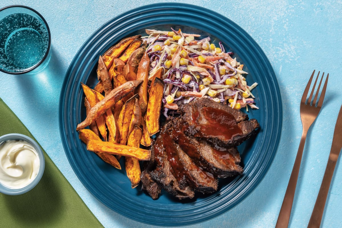 American-Style Beef Brisket with Sweet Potato Fries & Ranch Slaw