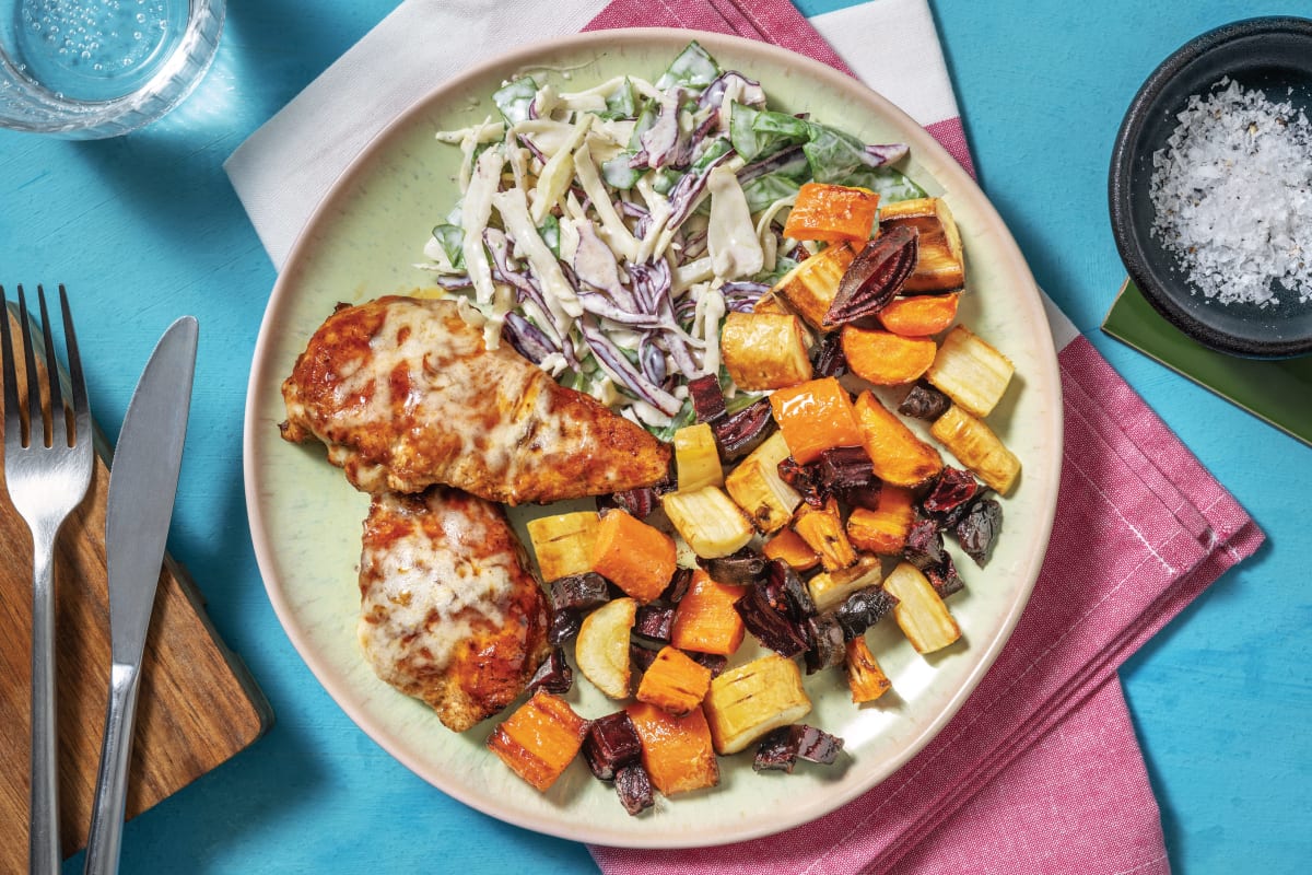 Cheesy BBQ Chicken & Roast Veggies