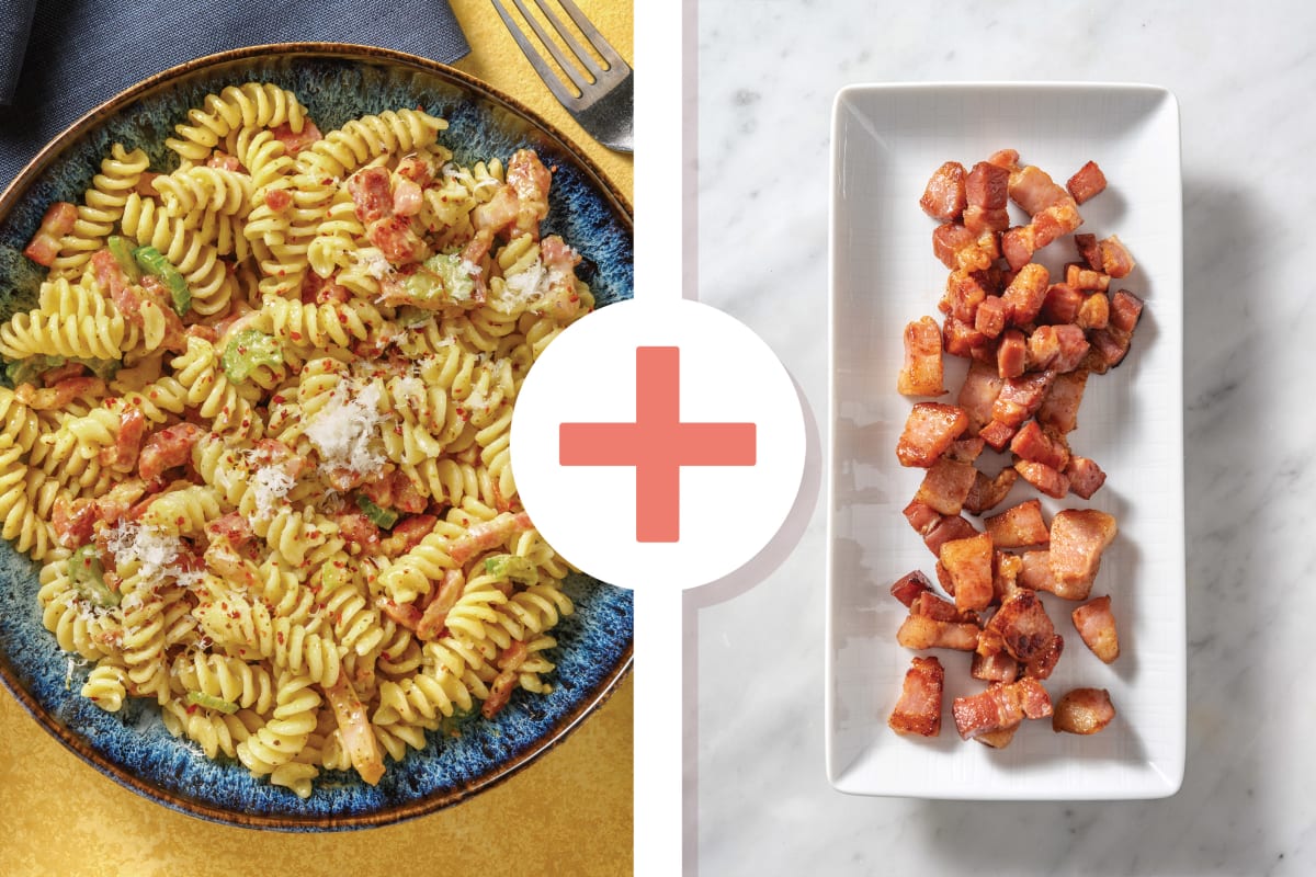 Easy Double Bacon & Creamy Pesto Fusilli