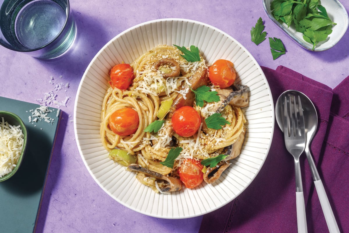 Mushroom, Leek & Cherry Tomato Spaghetti