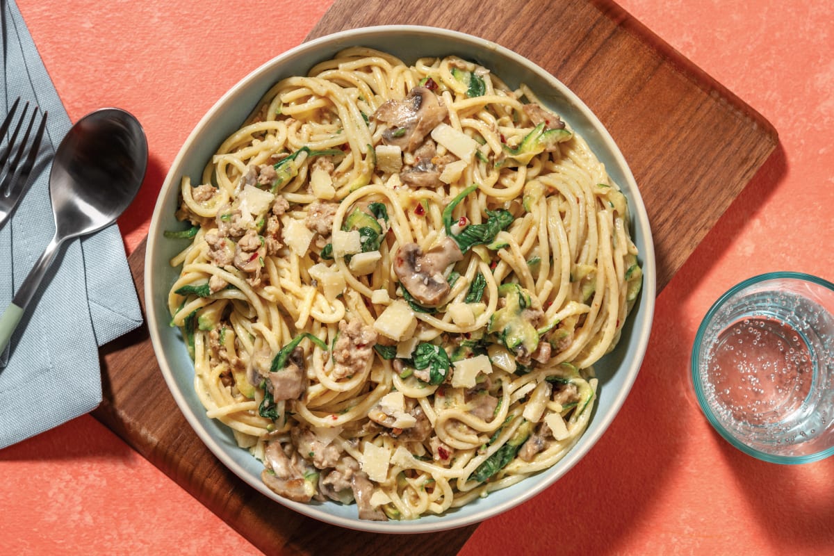 Easy Creamy Pork & Mushroom Spaghetti