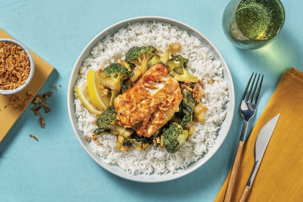 Sweet Soy White Fish Garlic Rice with Garlic Greens Crispy Shallots