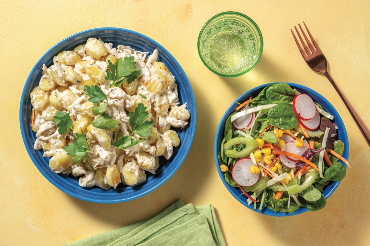 Creamy Pulled Chicken & Gnocchi Bake with Radish Salad & Parsley