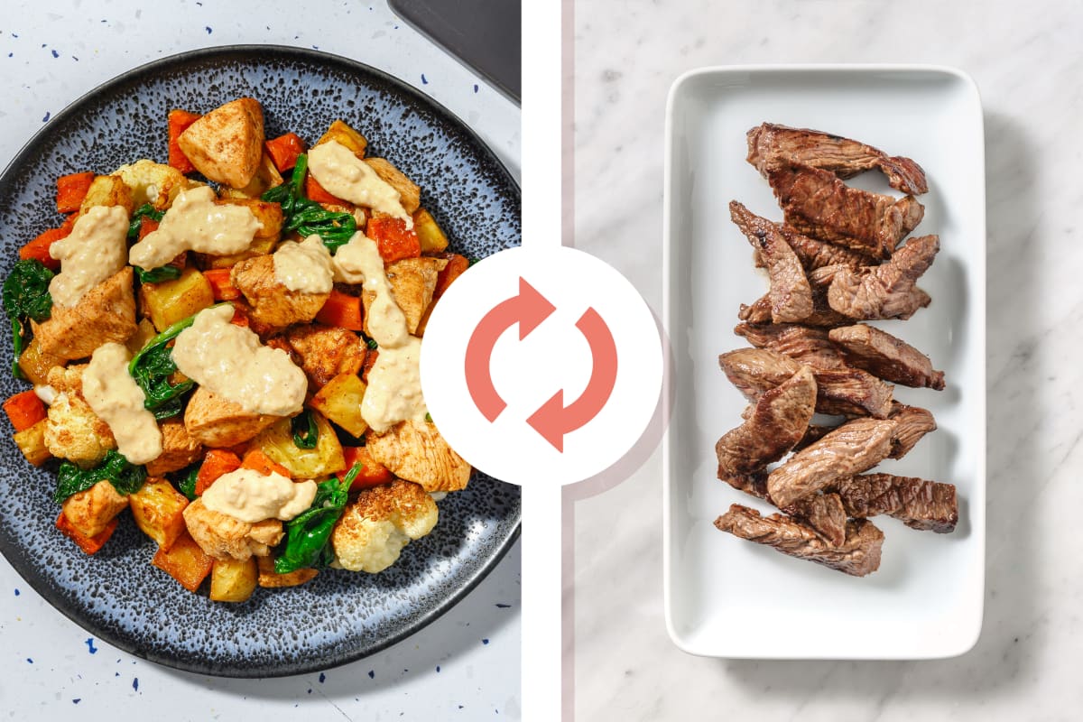 Golden Beef Strips & Roast Veggie Medley