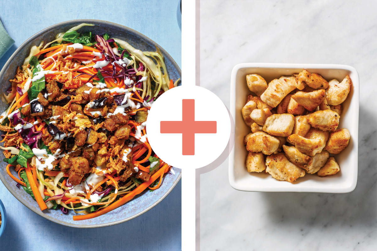 Crispy Asian Eggplant, Chicken & Carrot Noodle Salad