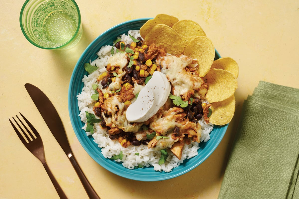 Mexican Pulled Chicken & Black Bean Bake with Butter Rice, Cheddar & Sour Cream