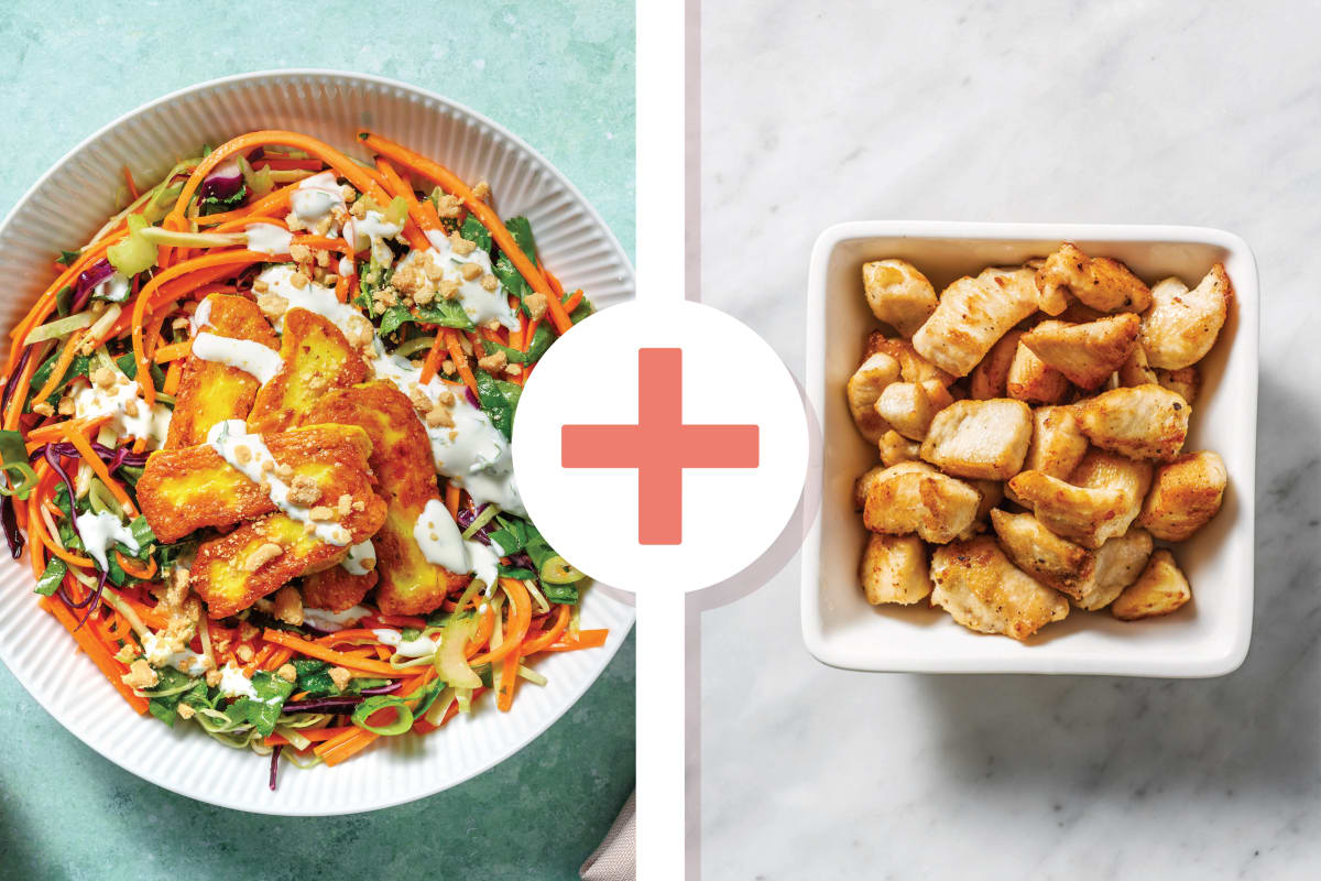 Curried Haloumi, Chicken & Carrot Noodle Salad