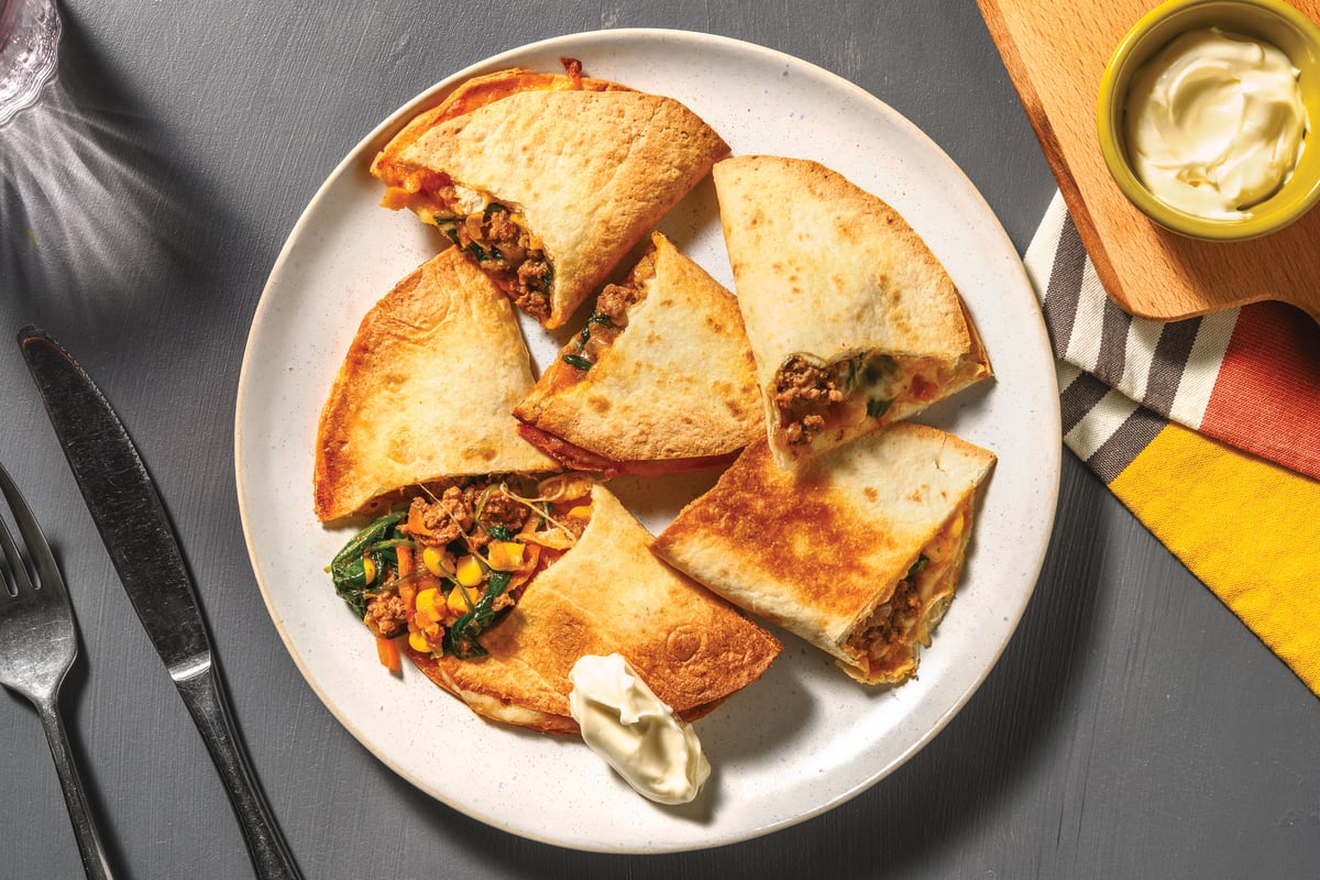 Easy Cheesy Pork & Veggie Quesadillas