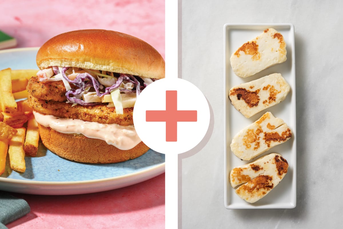 Golden Crumbed Chick'n & Haloumi Burger