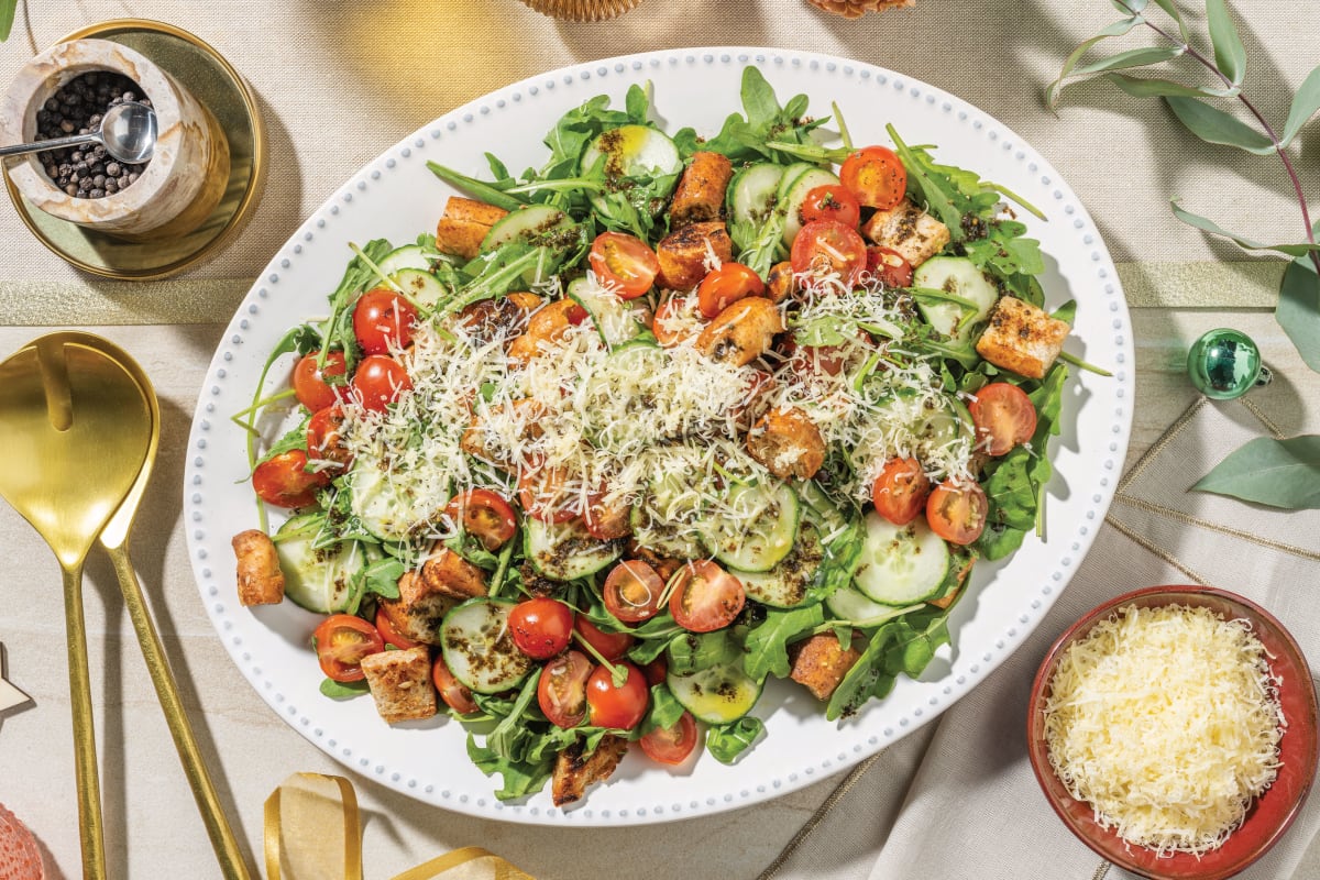 Panzanella Salad Basil Pesto Dressing with Garlic Croutons Parmesan Cheese