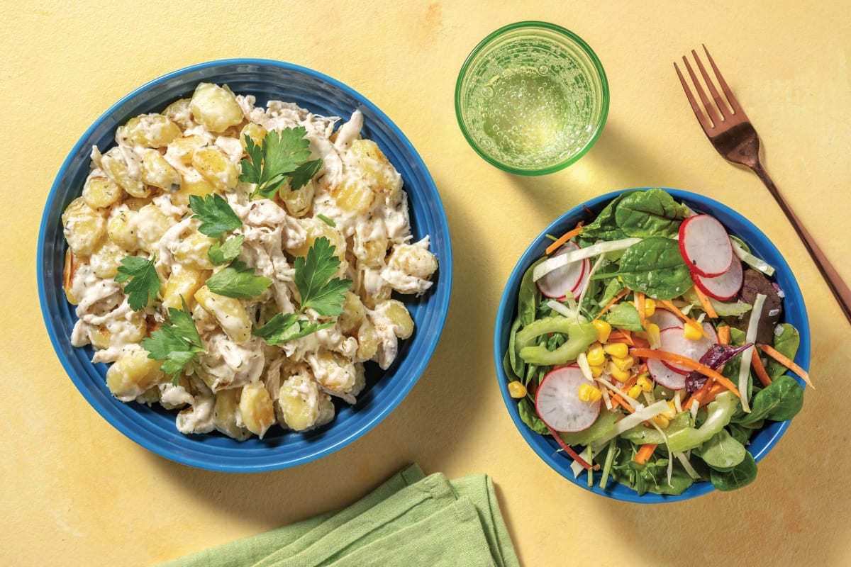 Creamy Pulled Chicken & Gnocchi Bake with Radish Salad & Parsley