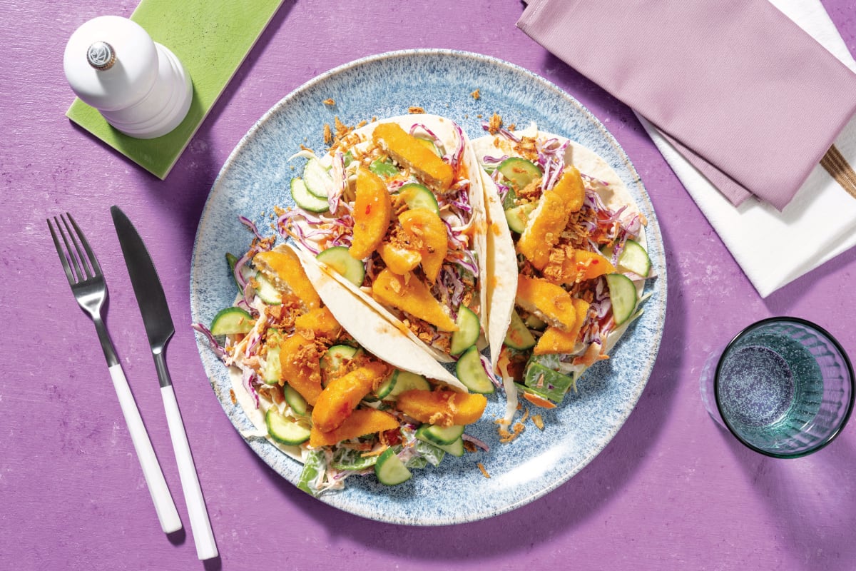 Asian-Style Double Plant-Based Crumbed Chick'n Tacos