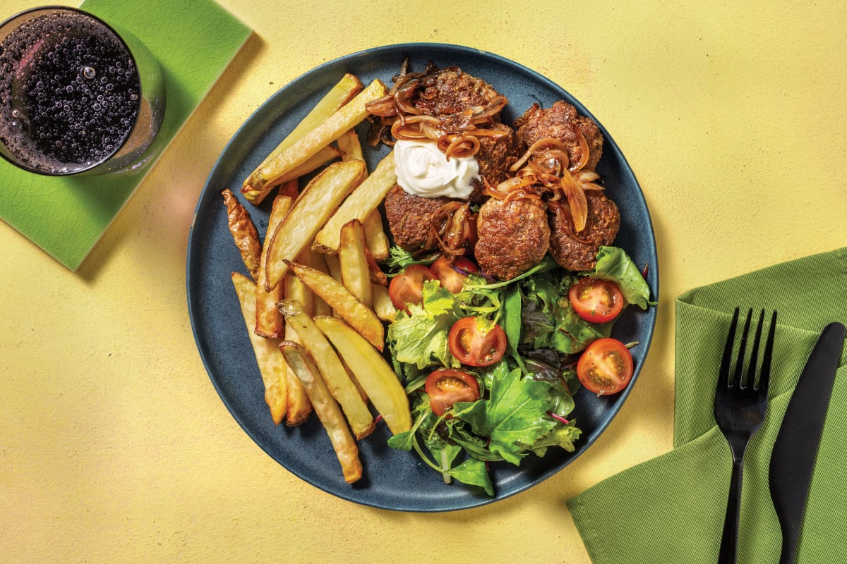 Quick Cheesy Beef Rissoles & Potato Fries 