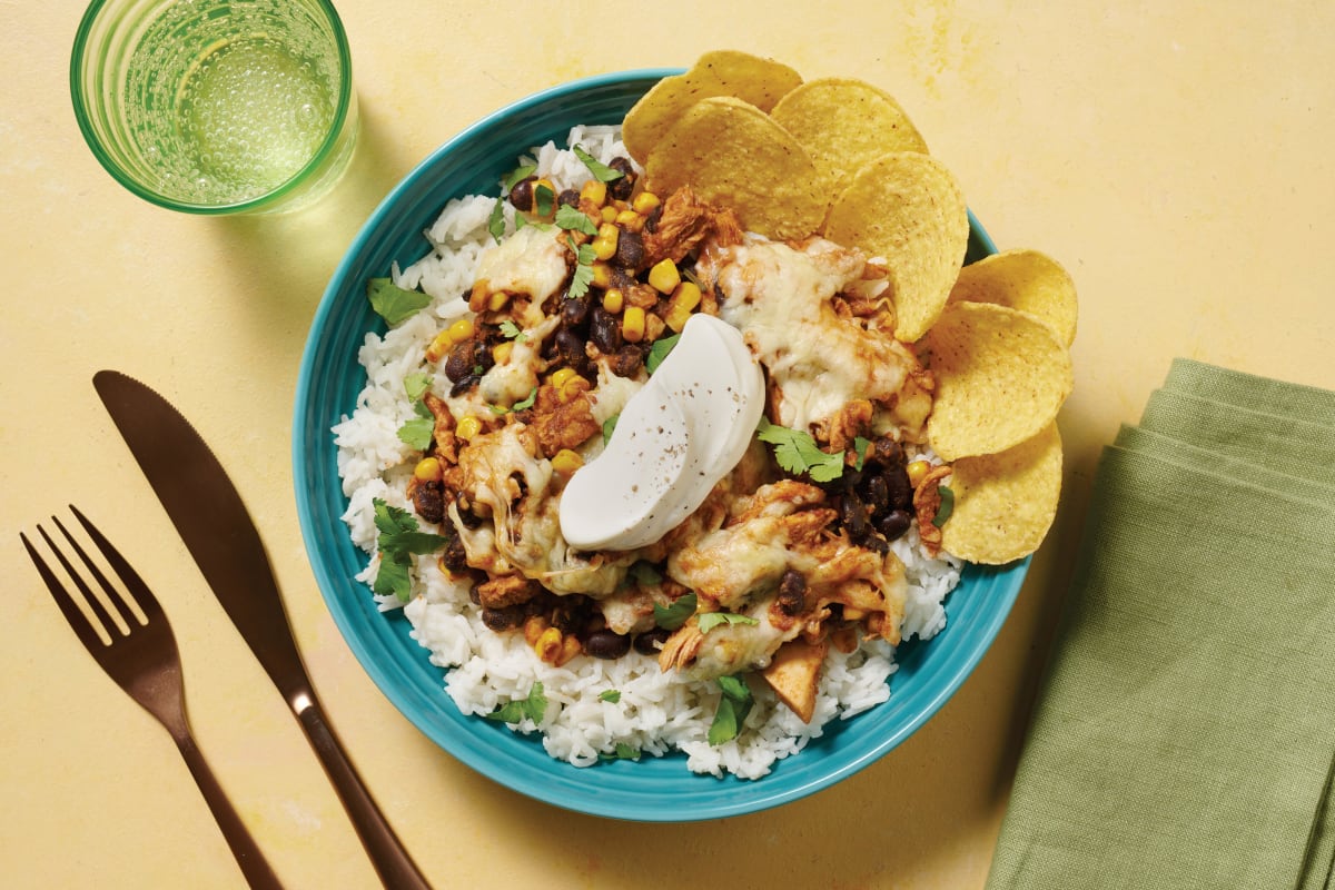 Mexican Pulled Chicken & Black Bean Bake with Butter Rice, Cheddar & Sour Cream