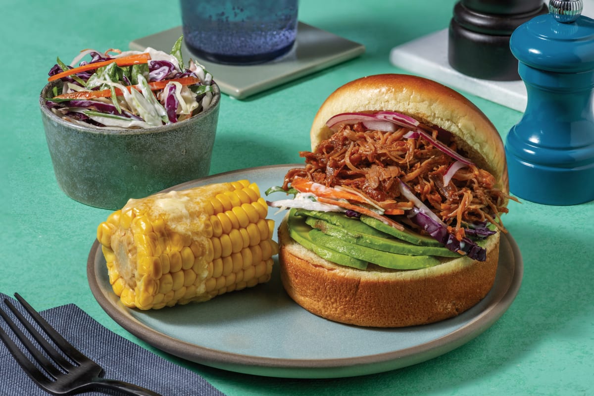 Quick BBQ Pulled Pork & Avocado Slaw Burger