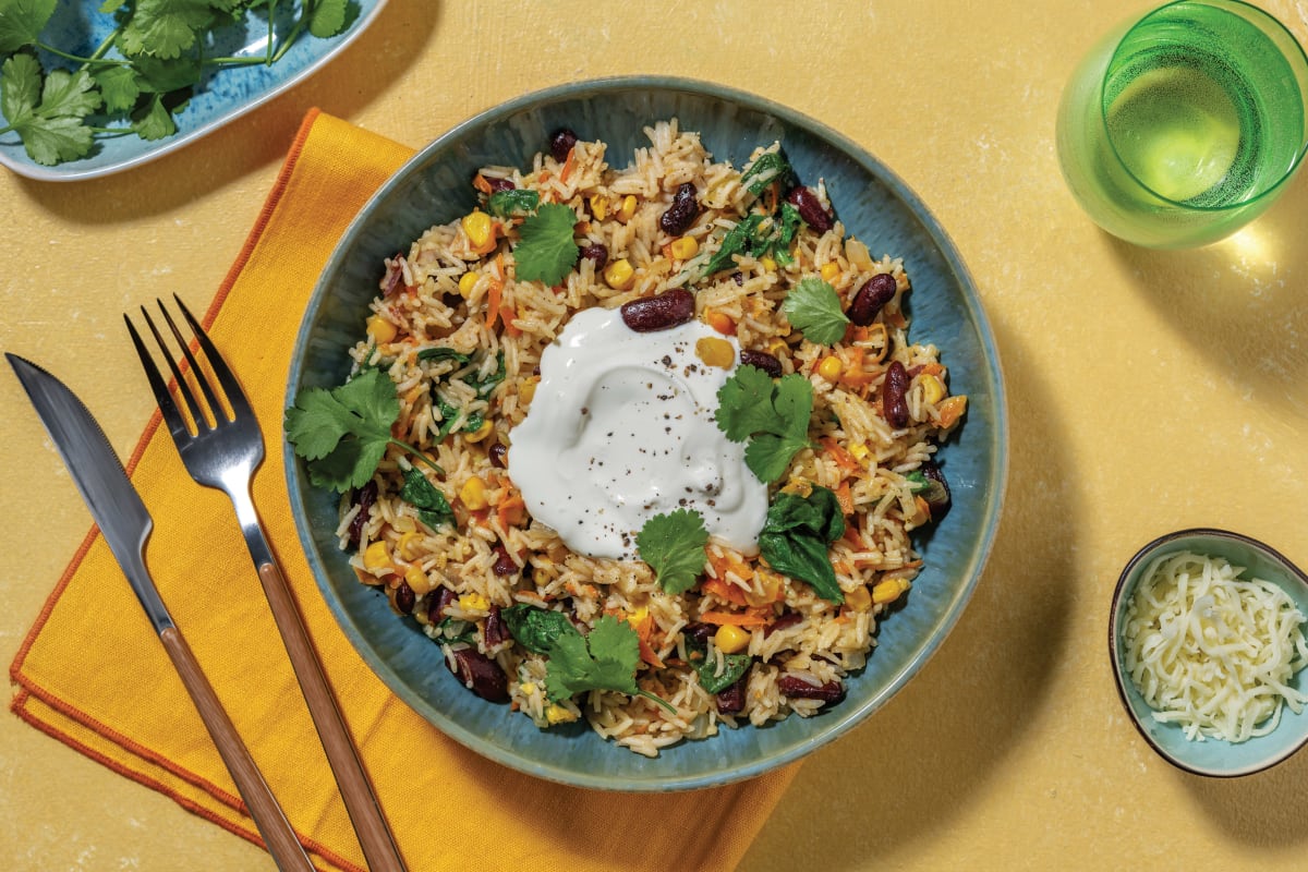 Cheesy Caribbean Veggie & Kidney Bean Rice