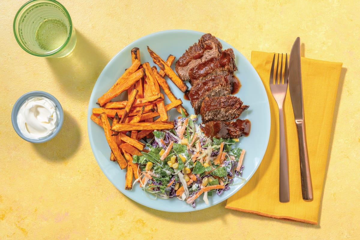 American-Style Beef Brisket with Sweet Potato Fries & Ranch Slaw