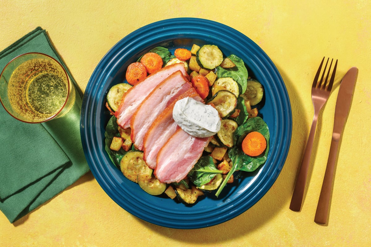 Oven-Ready Pork Belly & Mediterranean Veggies with Dill & Parsley Mayo