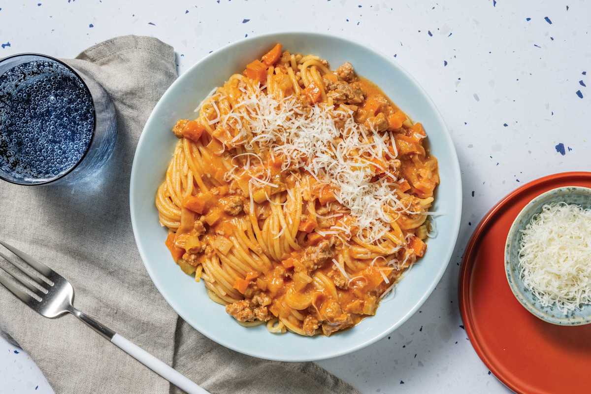 Double Creamy Tomato Pork Sausage Spaghetti
