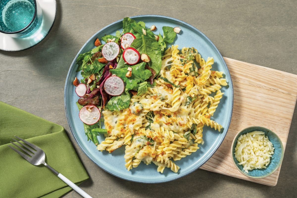 Creamy Basil Pesto Bacon Pasta Bake with Parmesan Cheese Radish Salad