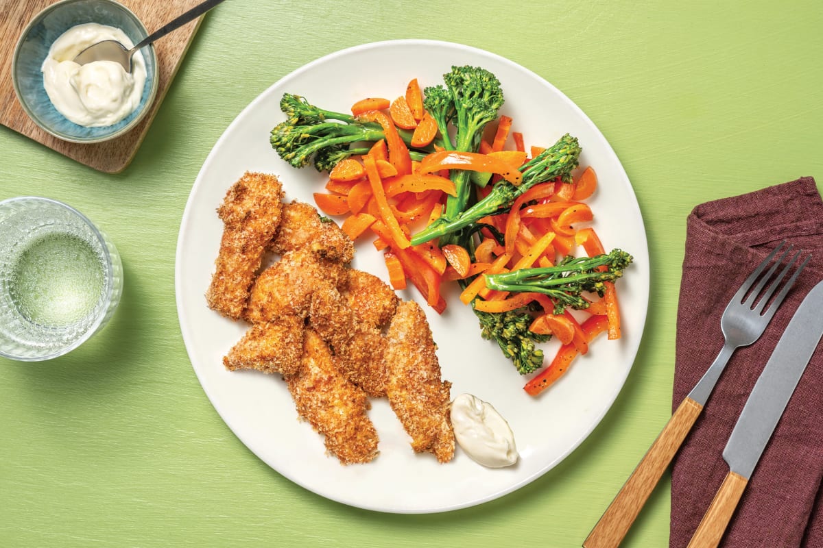 Crumbed Chicken Strips & Garlic Butter Veggies