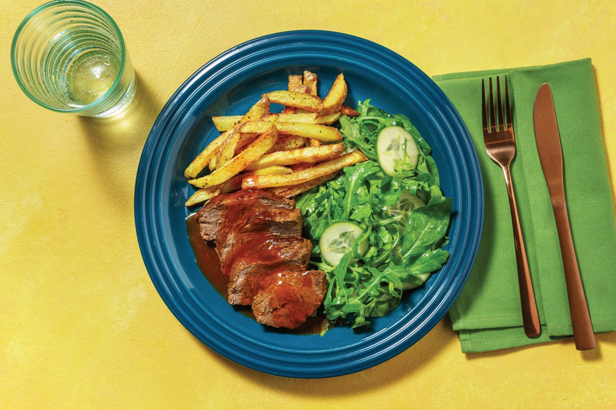 Sweet & Sticky Slow-Cooked Beef Brisket with Pre-Cut Fries & Green Salad