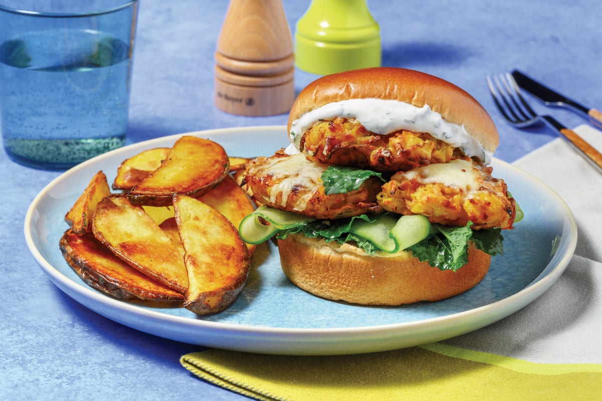 Cheesy Mumbai Corn Fritter Burger