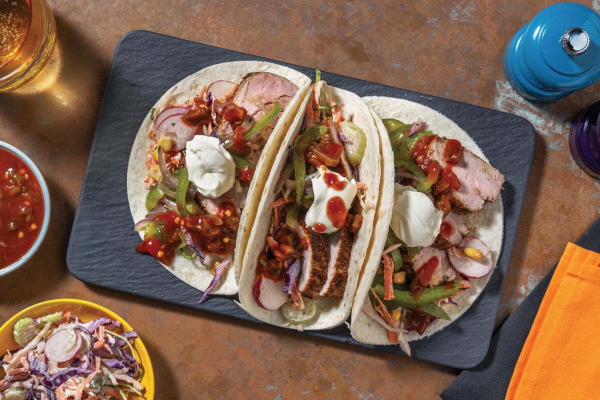 Tex-Mex Pork Tacos & Spicy Volcano Sauce