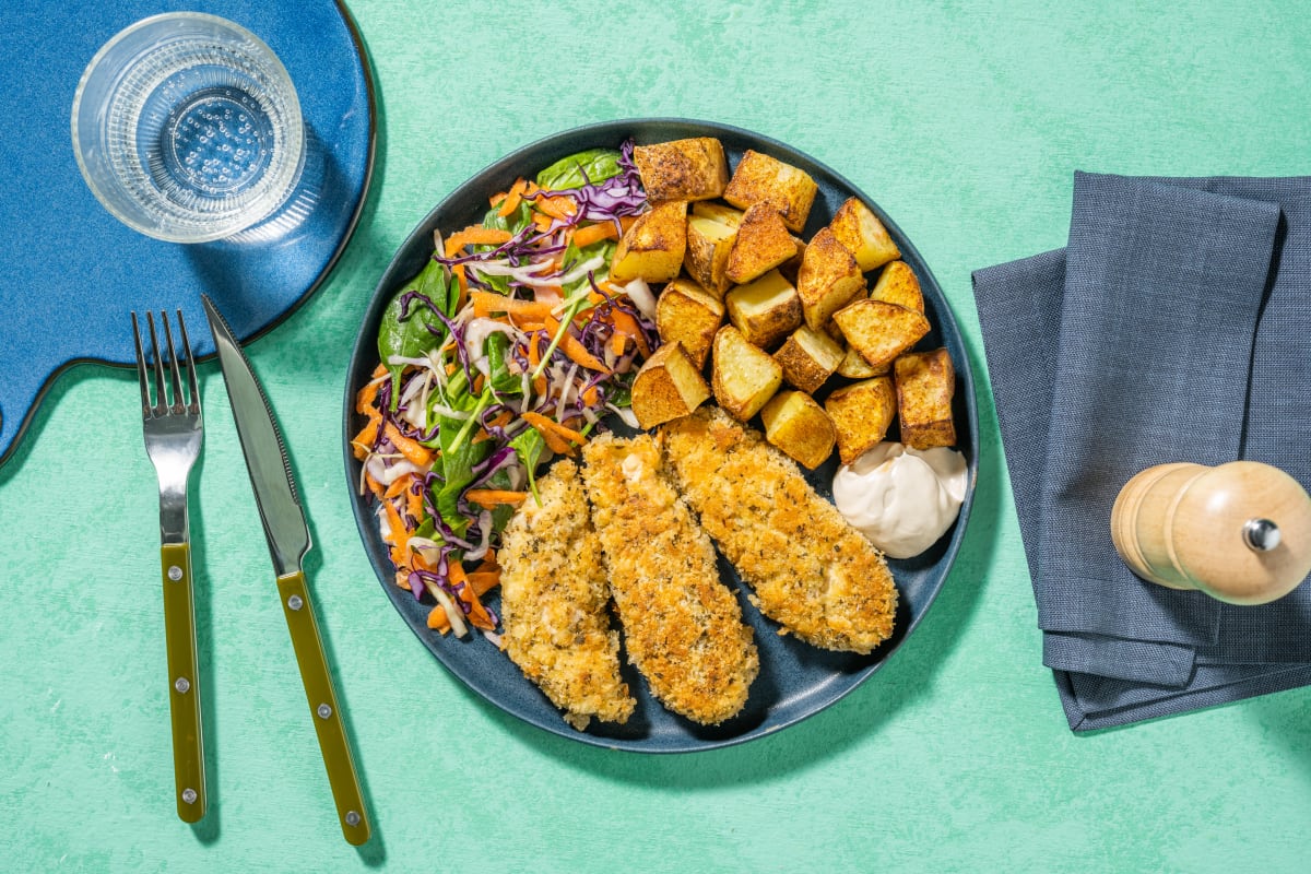 Quick Chicken Tenders, Haloumi & Spinach Slaw
