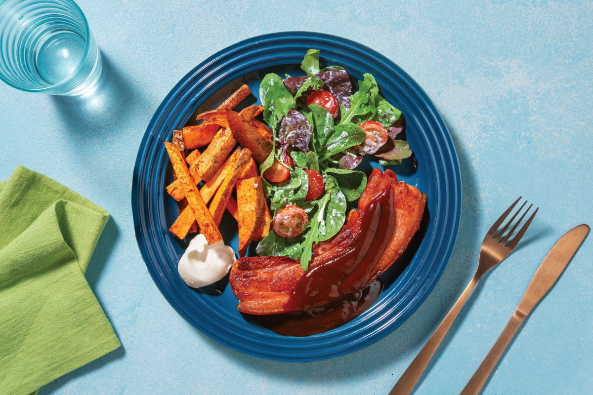 Sweet & Savoury Glazed Roast Pork Belly with Spiced Sweet Potato Fries & Ranch Salad