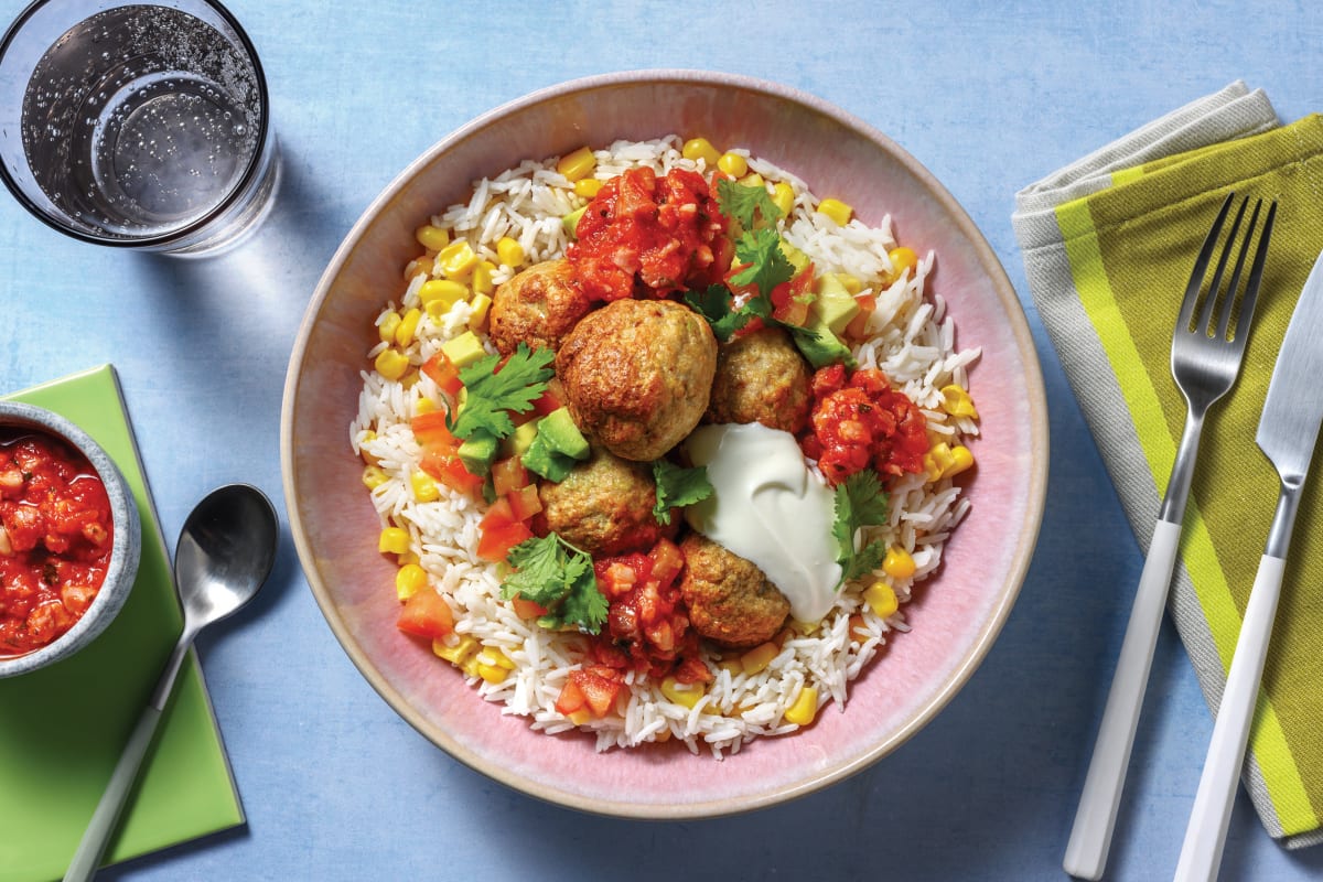 Fiery Mexican Beef Meatballs & Corn Rice