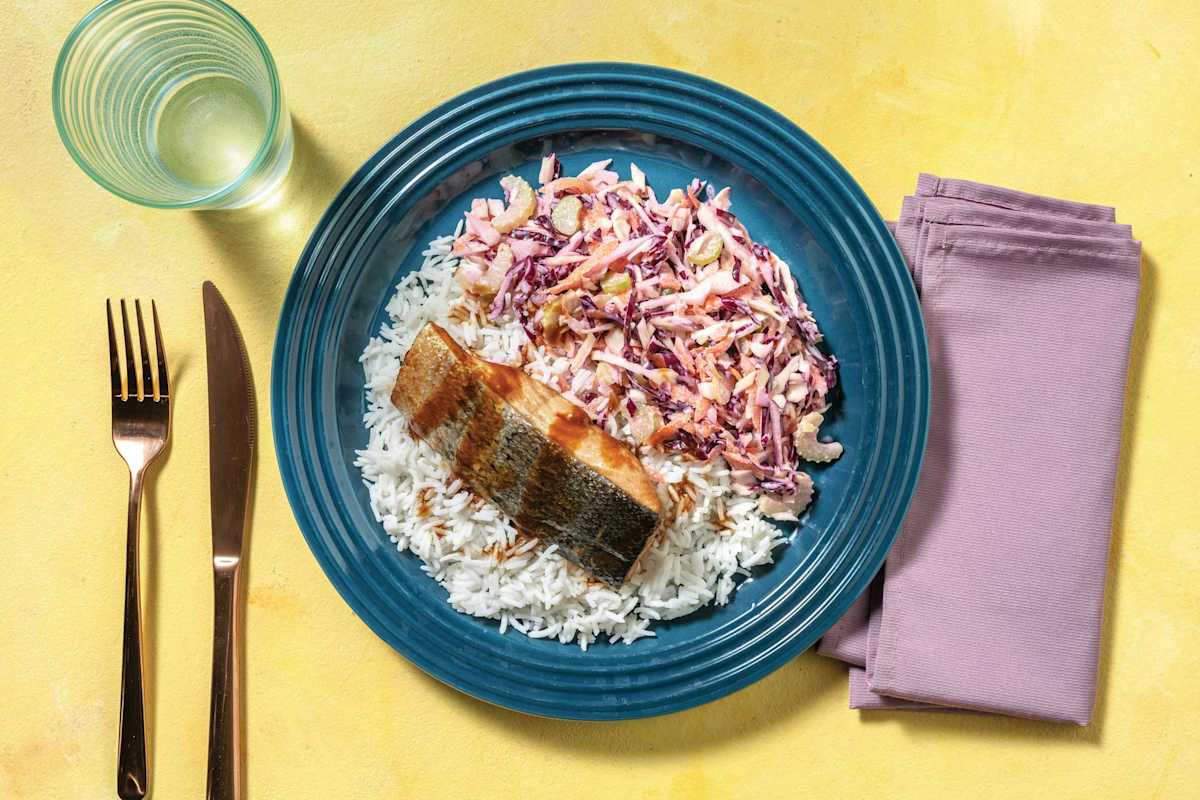 Teriyaki & Ginger-Baked Salmon with Butter Rice & Creamy Slaw