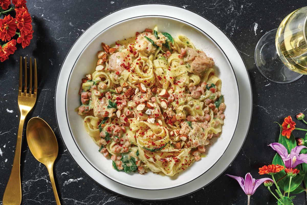Creamy Pesto Chicken & Bacon Fettuccine