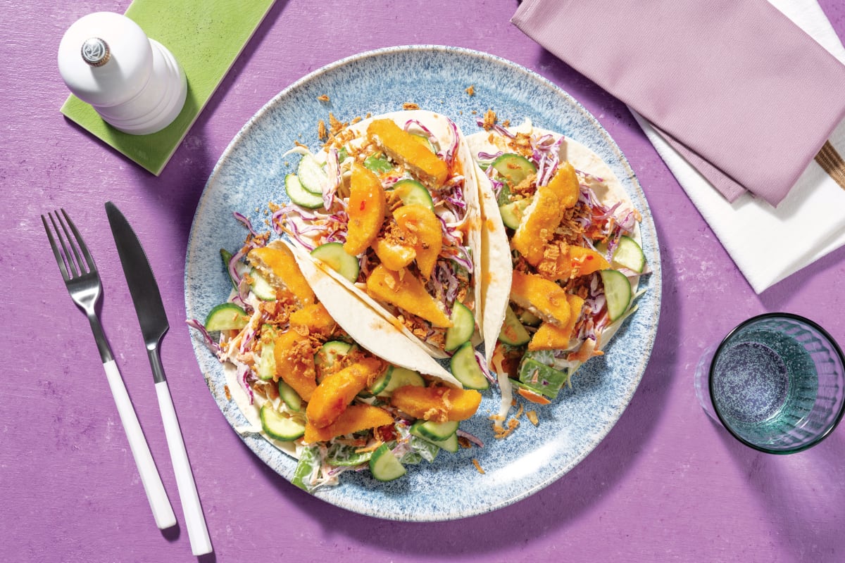 Asian-Style Double Plant-Based Crumbed Chick'n Tacos