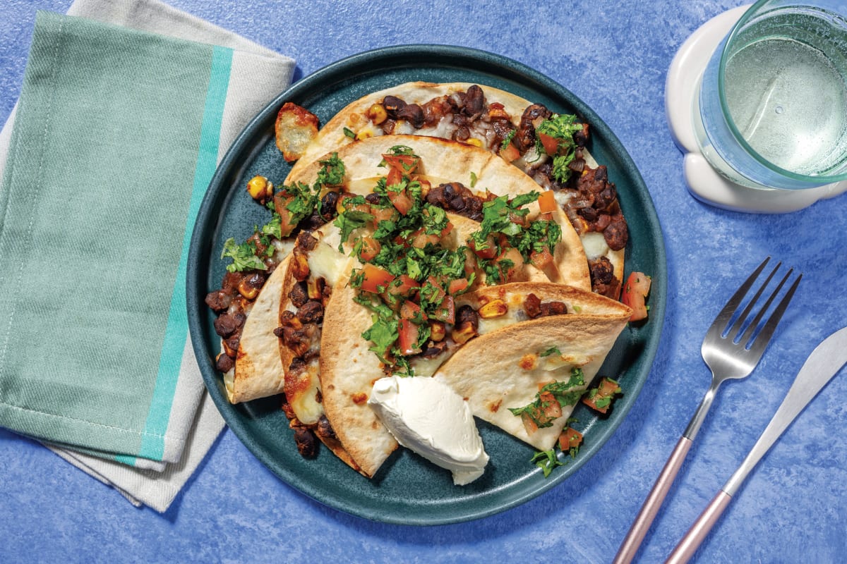 Fiery Smashed Black Bean & Veggie Quesadillas