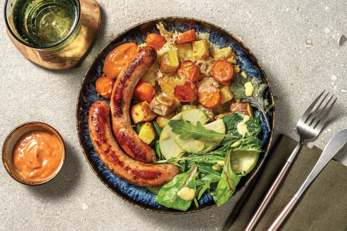 Double Pork Sausages & Cheesy Roast Veg