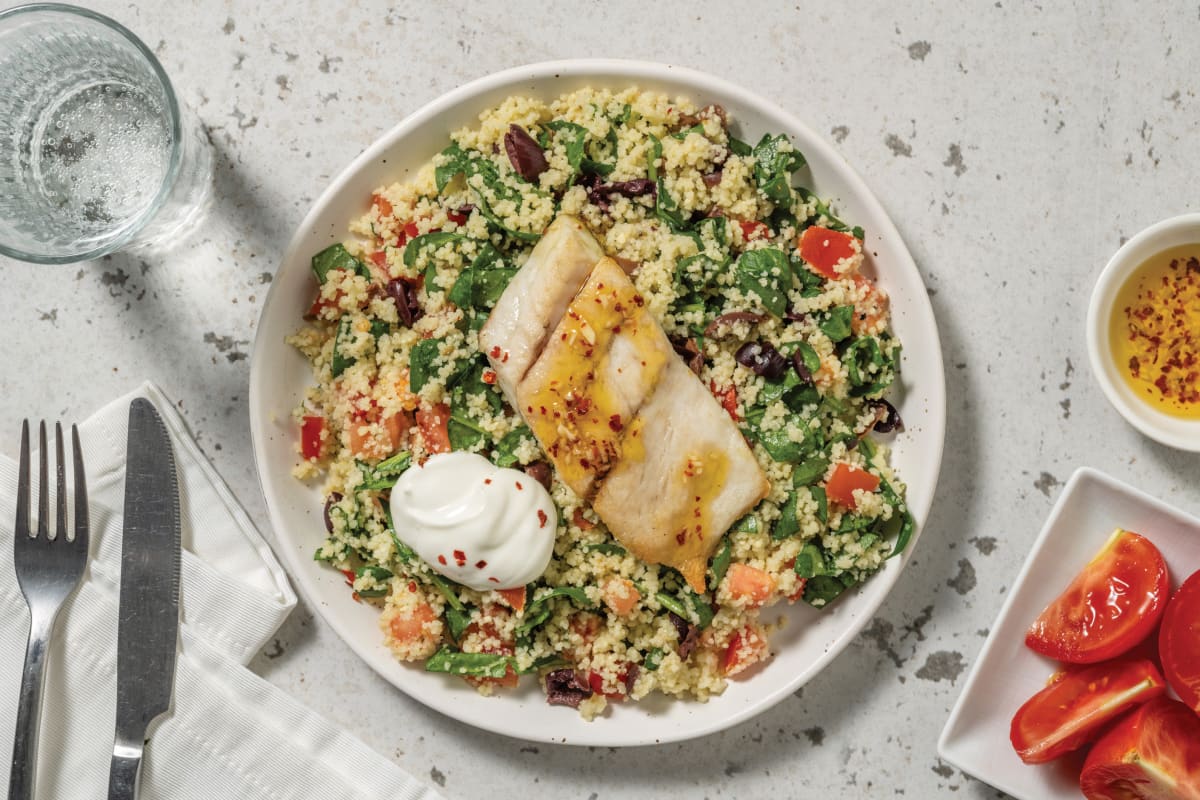 Seared Barramundi & Zesty Olive Couscous Salad 