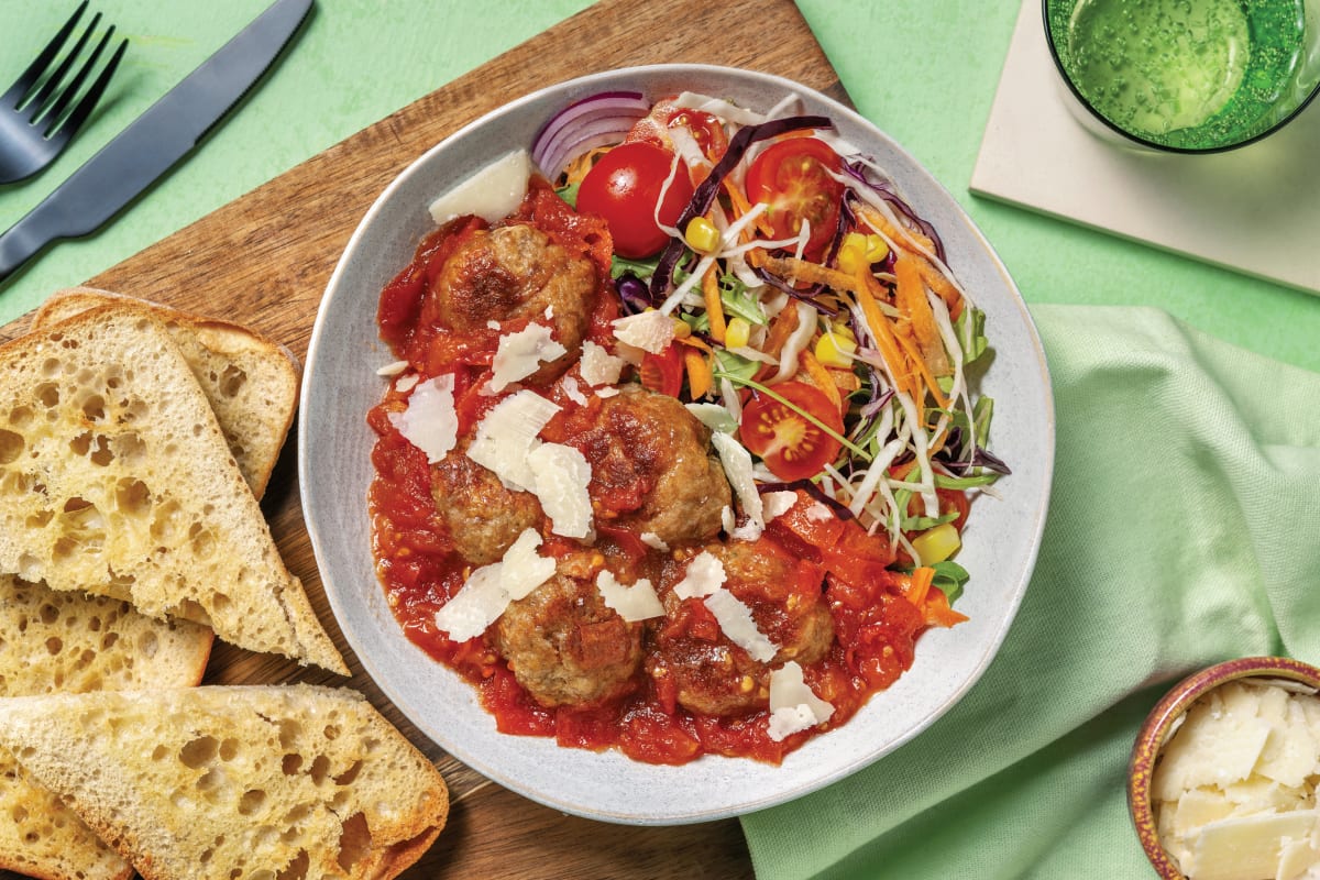 One-Dish Baked Beef Meatballs & Toasted Ciabatta