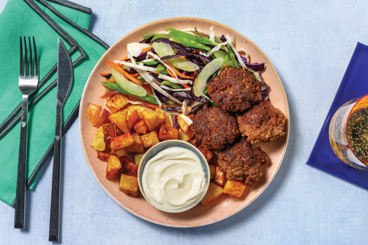 Sweet Bombay Beef Rissoles & Potatoes