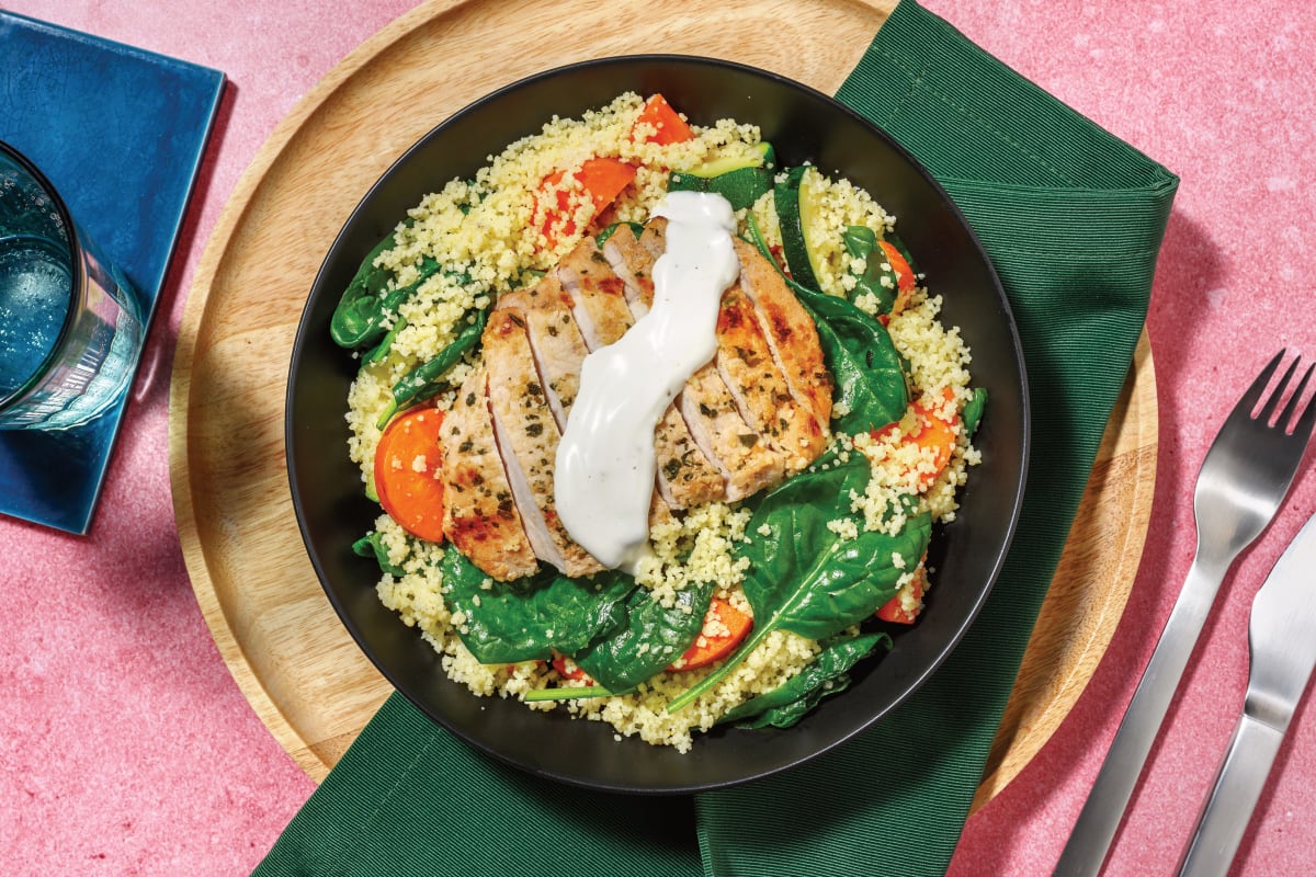 Garlicky Pork Steaks & Veggie Couscous