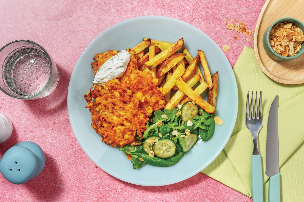 Cheesy Corn Fritters &amp; Potato Fries Recipe | HelloFresh