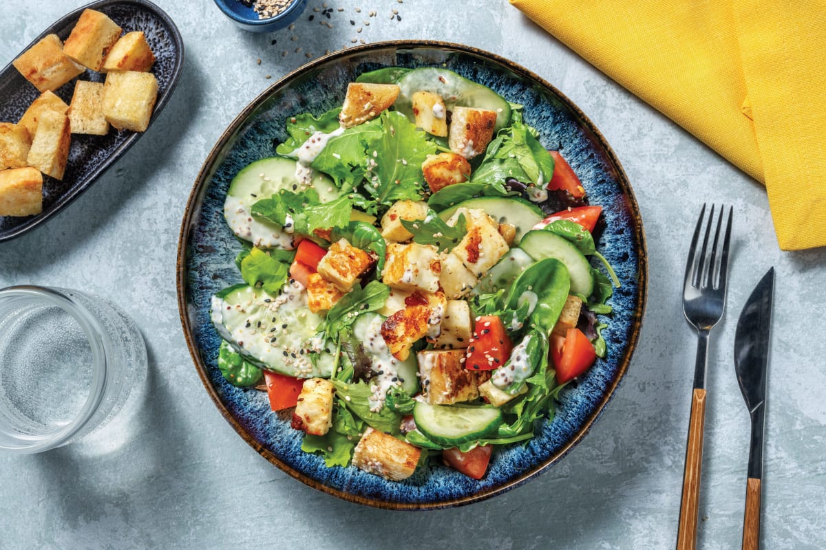 Seared Chicken, Haloumi & Garlic Crouton Salad