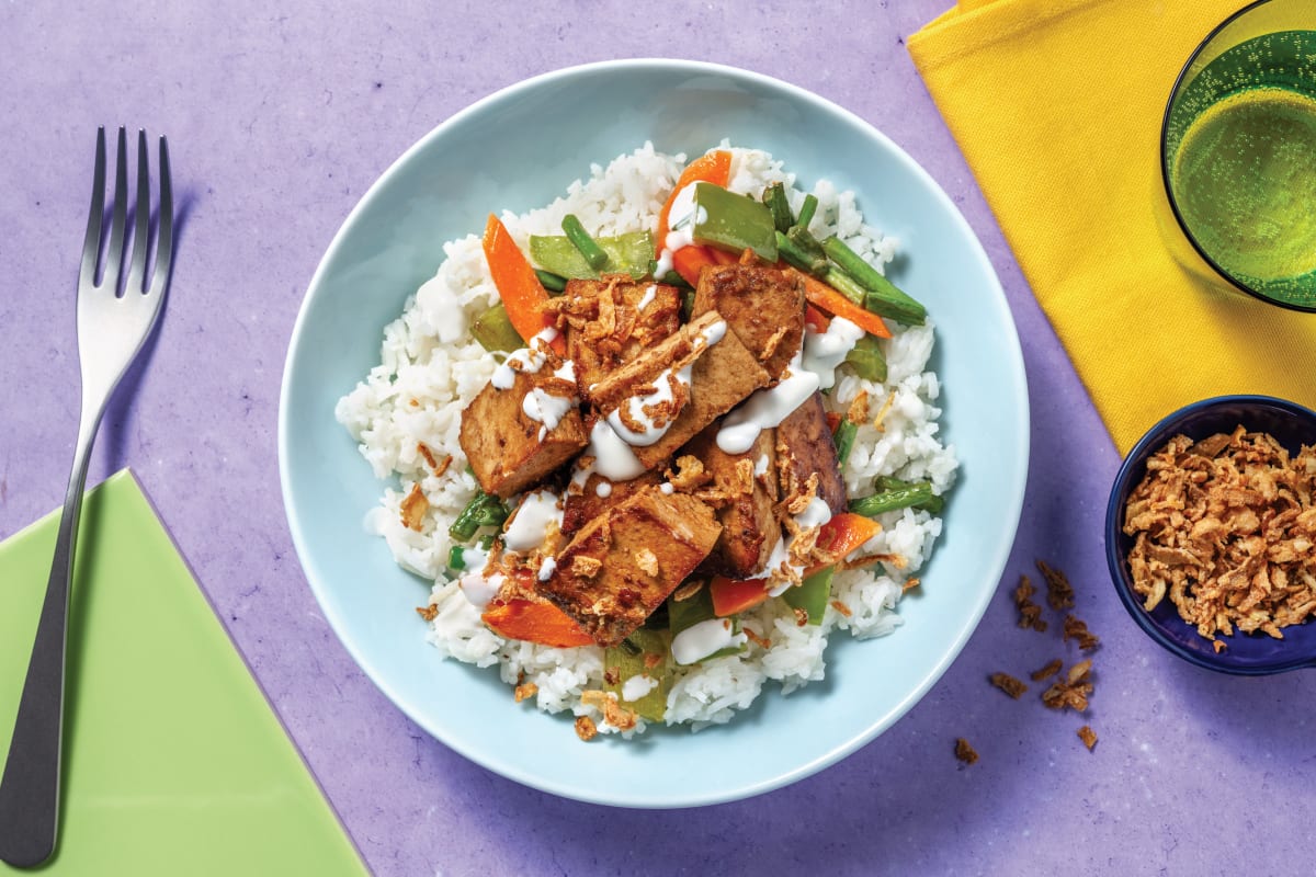 Sticky Tofu & Garlicky Veg Rice Bowl