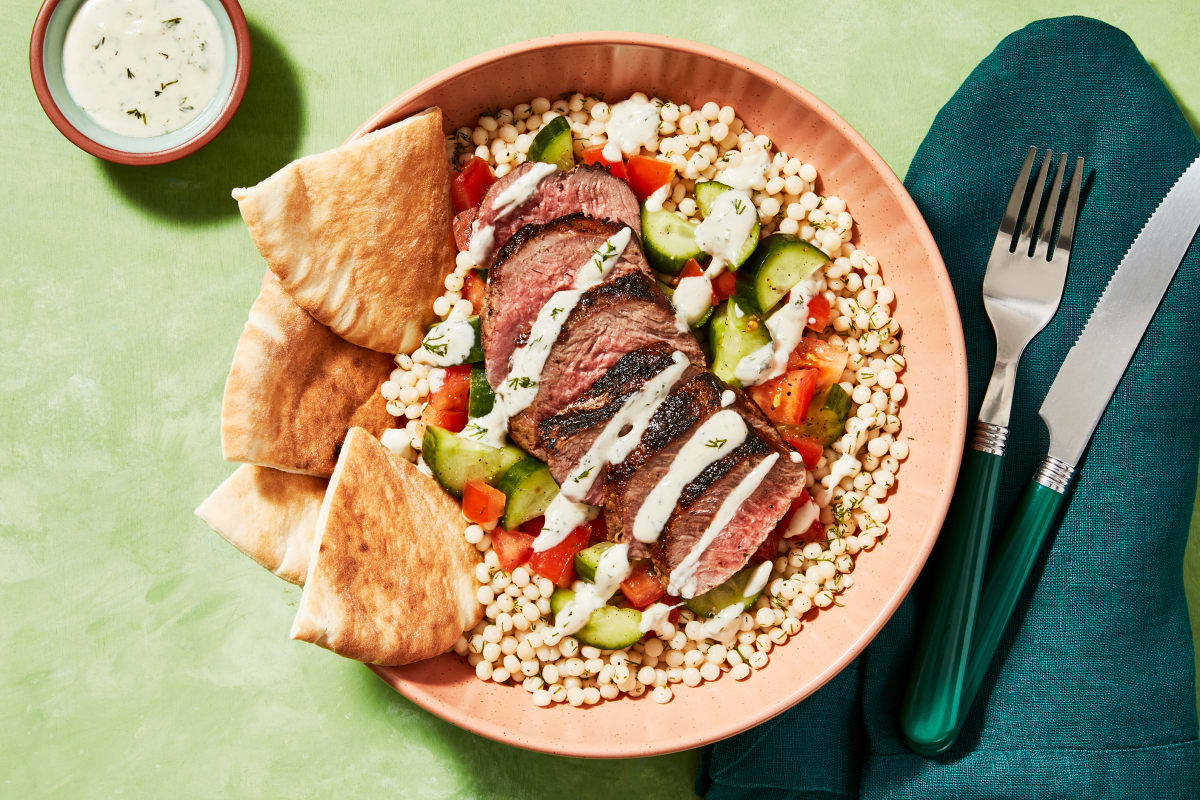 Garlicky Steak Bowls with Tomato-Cuke Salad