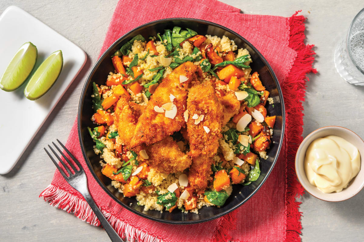 Double Crumbed Chicken & Citrusy Roast Veggie Couscous